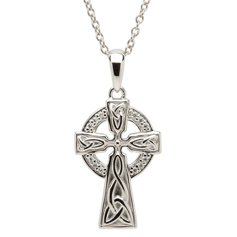 Celtic Stone Set Trinity Knot Silver Cross