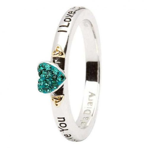 Green Heart I Love You Silver Stacking Ring