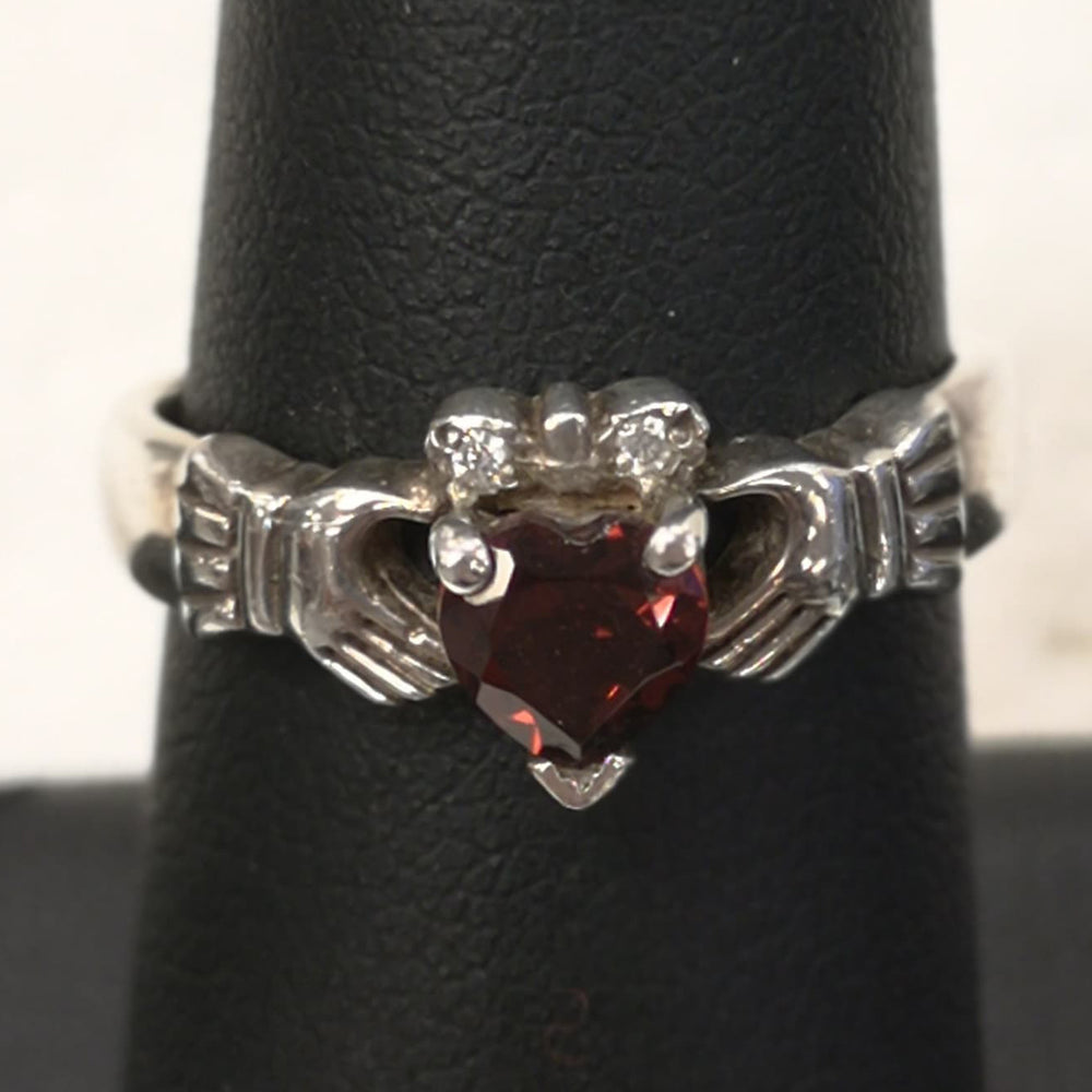 Silver Claddagh with Garnet Stone and 0.02CT Diamonds