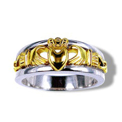 Silver and 10k Yellow Gold Tapered Claddagh Band