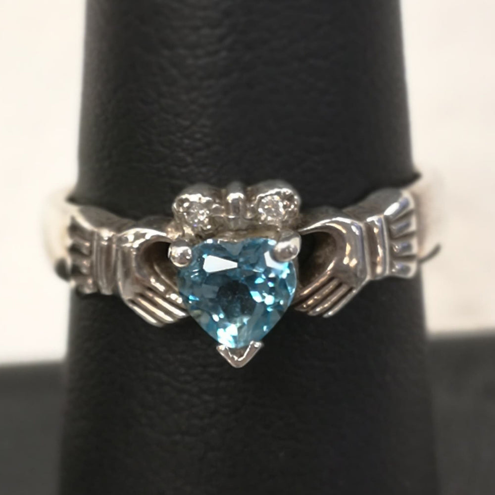 Silver Claddagh with Blue Topaz Stone and 0.02CT Diamonds