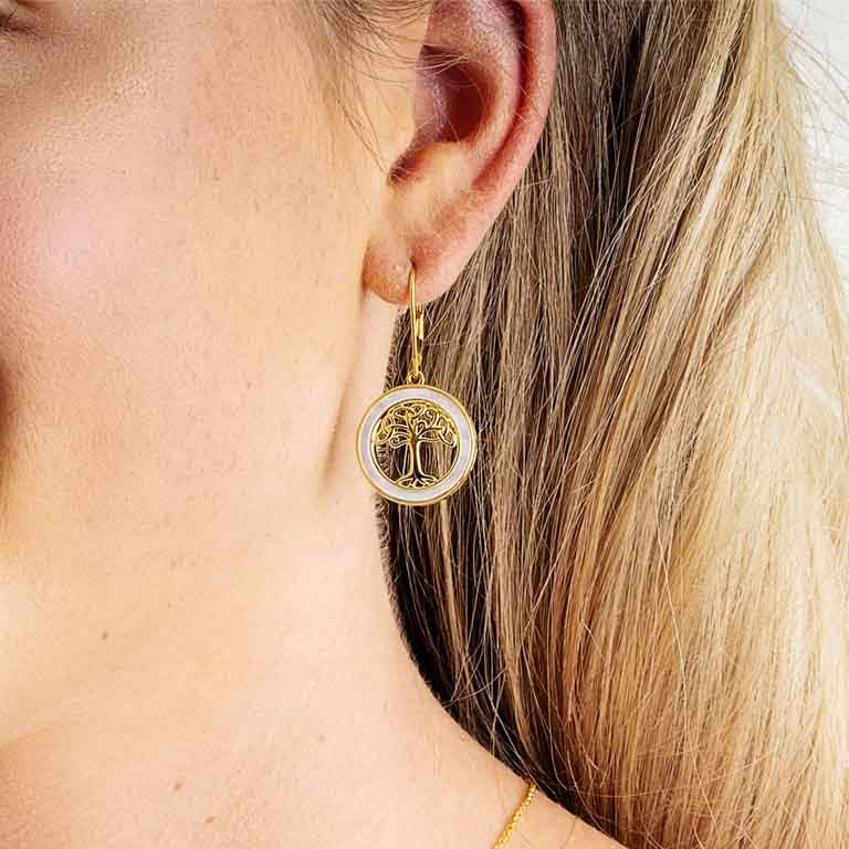 14KT Gold Vermeil Mother of Pearl Tree of Life Drop Earrings