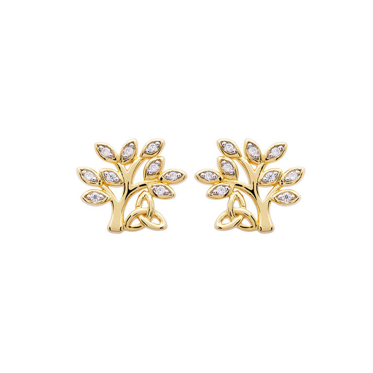 14KT Gold Vermeil Tree of Life Stud Earrings With White Cubic Zirconias